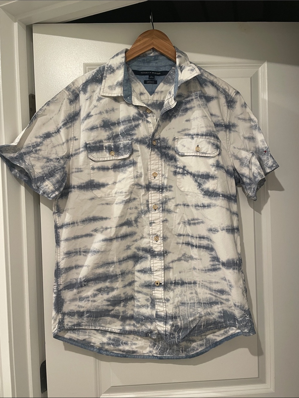 Tommy Bahama Men's Blue Tie-Dye Short Sleeve Button-Up Shirt large cotton